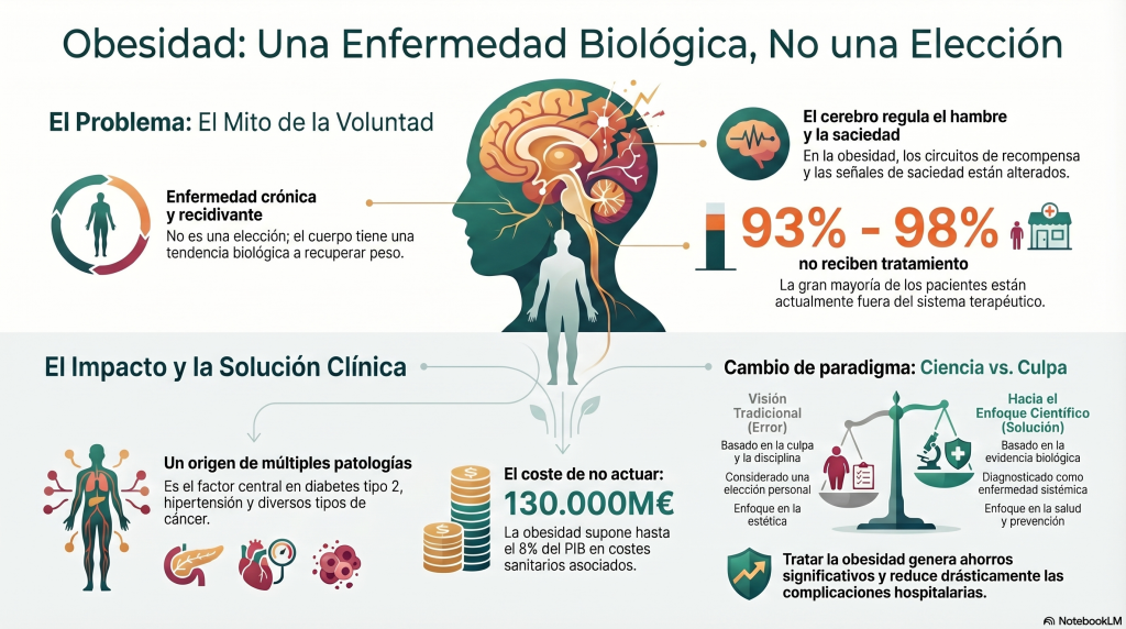 Infografía sobre obesidad como enfermedad crónica y su impacto clínico y económico